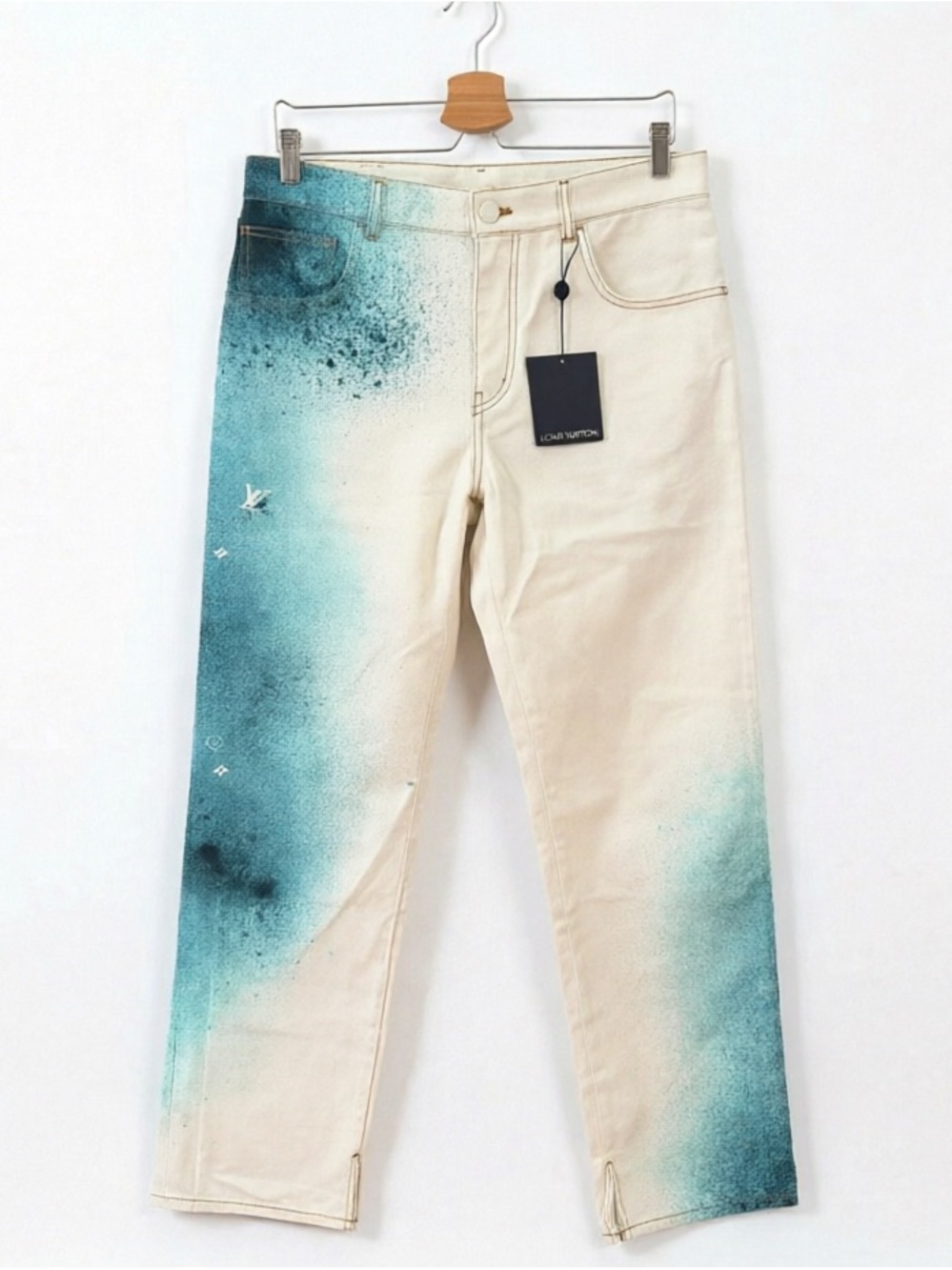 Louis Vuitton Cream and Teal Spray-Effect Straight Pants